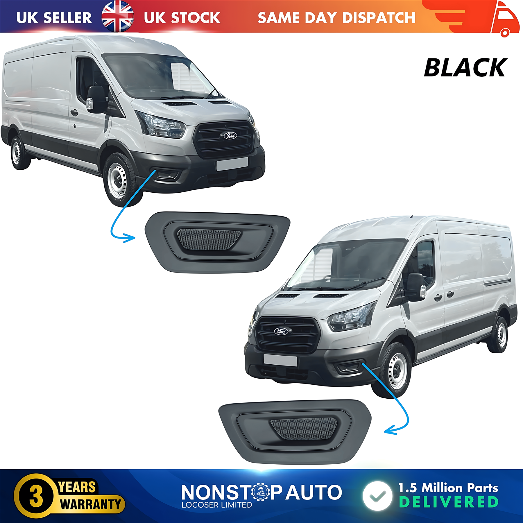 2X Fog Light Grille No Fog Hole Left and Right For FORD Transit V363 MK8 2019-2025