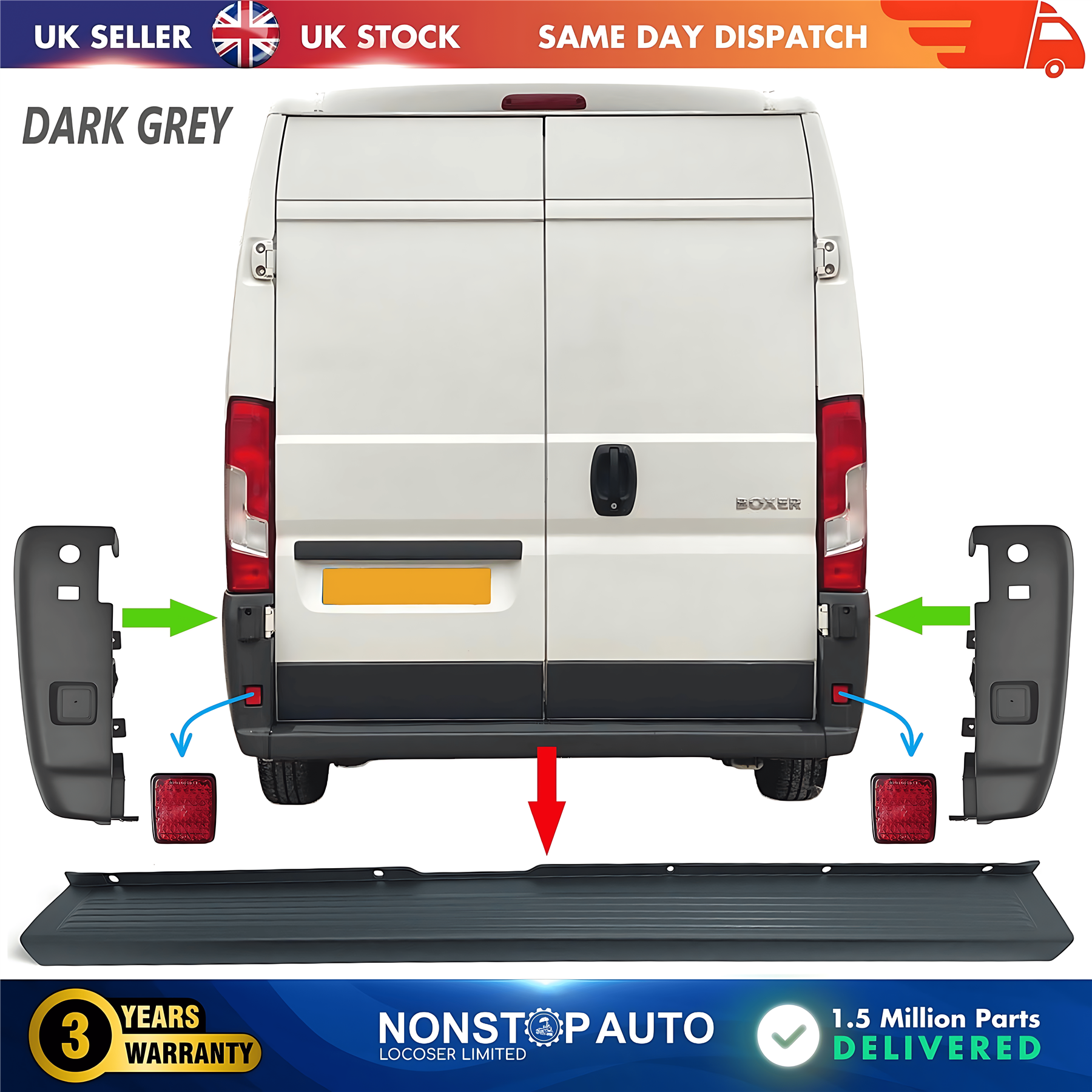 Rear Bumper Set Dark Grey with Reflector For CITROEN Relay PEUGEOT Boxer FIAT Ducato 2006 on