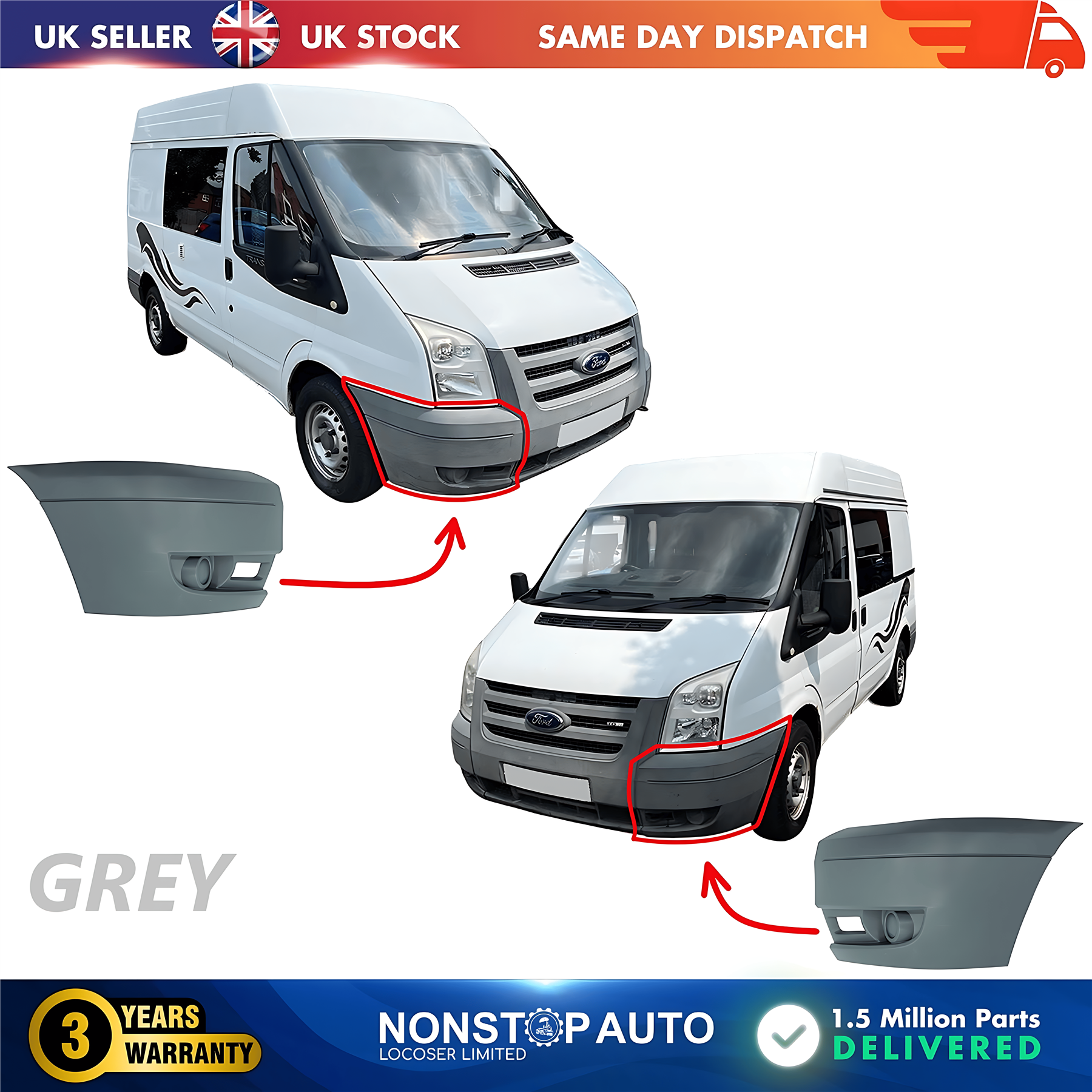 2X Front Bumper Corner Left and Right No Fog Hole For FORD Transit MK7 2006-2014 1437326 1437327