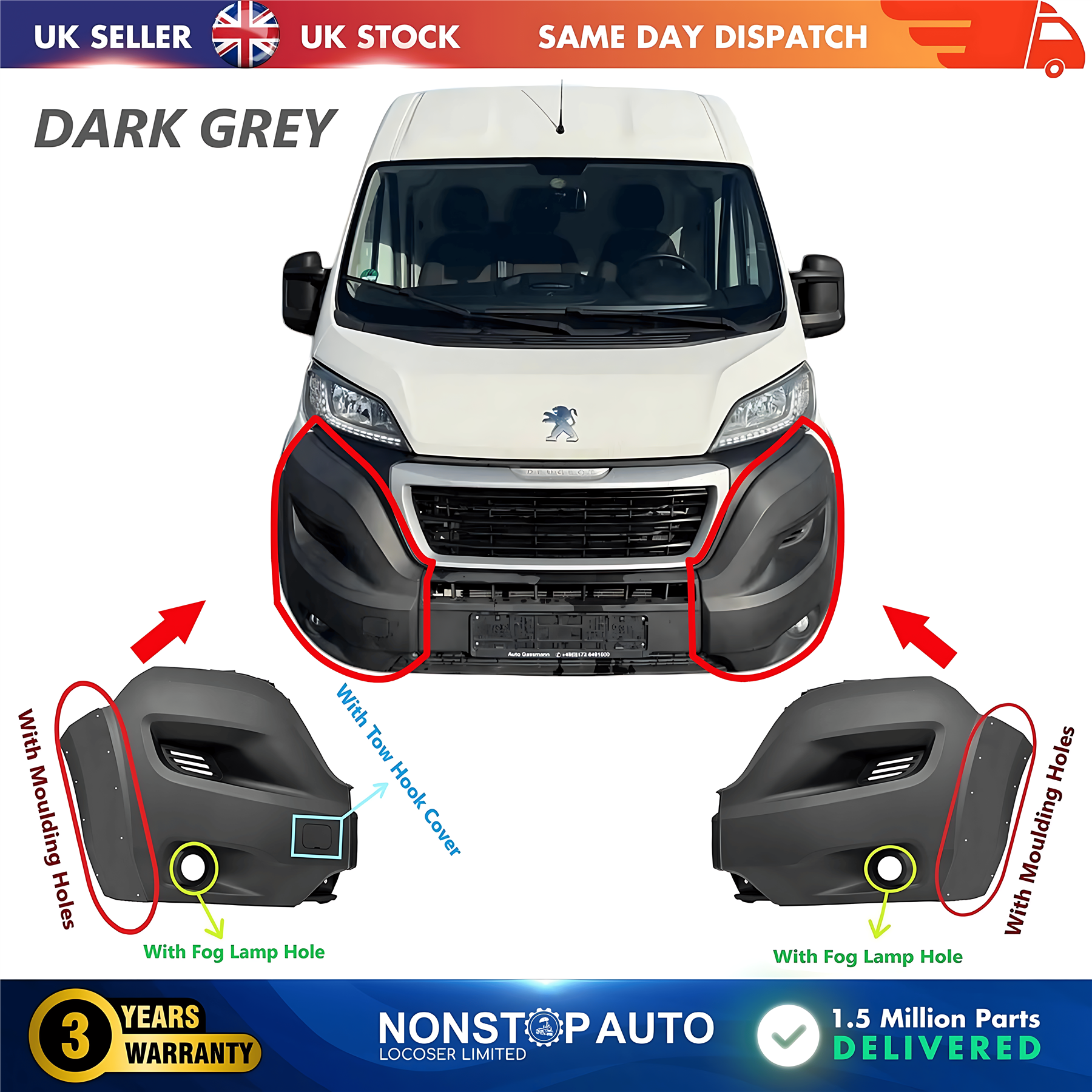 2X Front Bumper Corner Cap R+L With Fog Hole For PEUGEOT Boxer 2014 on