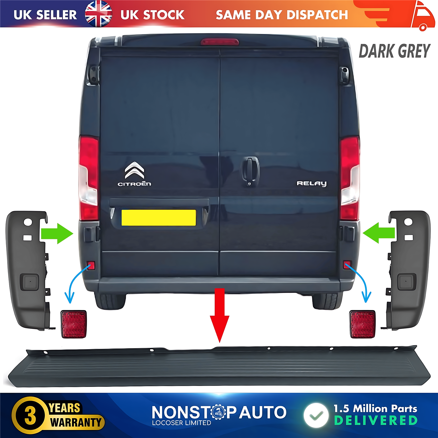 Rear Bumper Set Dark Grey with Reflector For CITROEN Relay PEUGEOT Boxer FIAT Ducato 2006 on