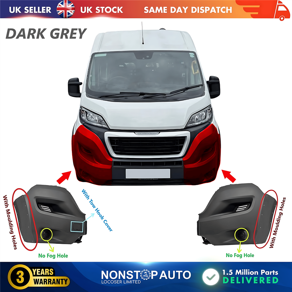 2X Front Bumper Corner Cap R+L No Fog Hole For PEUGEOT Boxer 2014 on