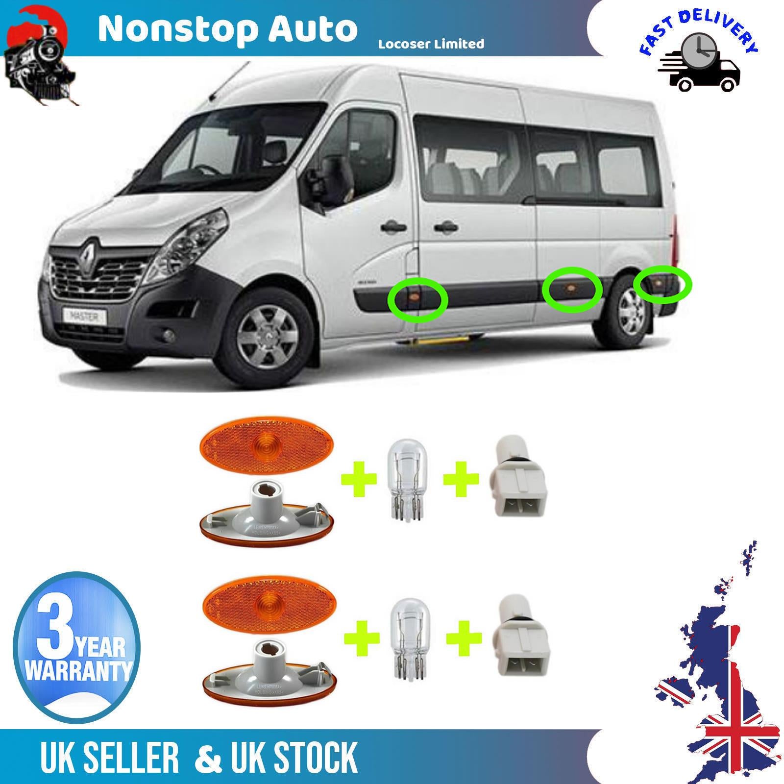 2X FOR RENAULT MASTER VAUXHALL MOVANO NISSAN NV 400 SIDE MARKER LAMP LIGHT LENS WITH BULB HOLDER AND BULB 261B00001R