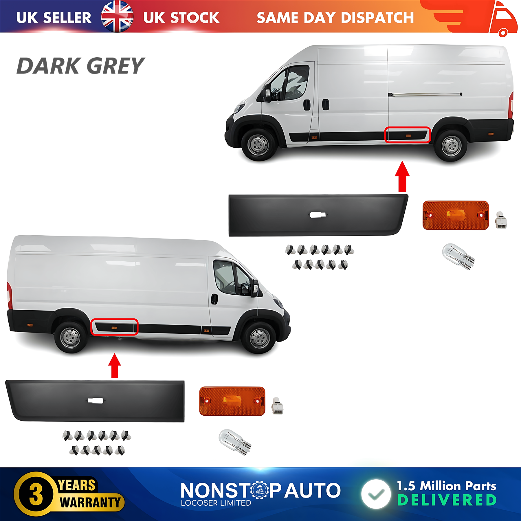 2X Moulding Trim Panel Indicator Bulb Rear Left and Right Dark Grey For CITROEN Relay PEUGEOT Boxer FIAT Ducato 2006 on