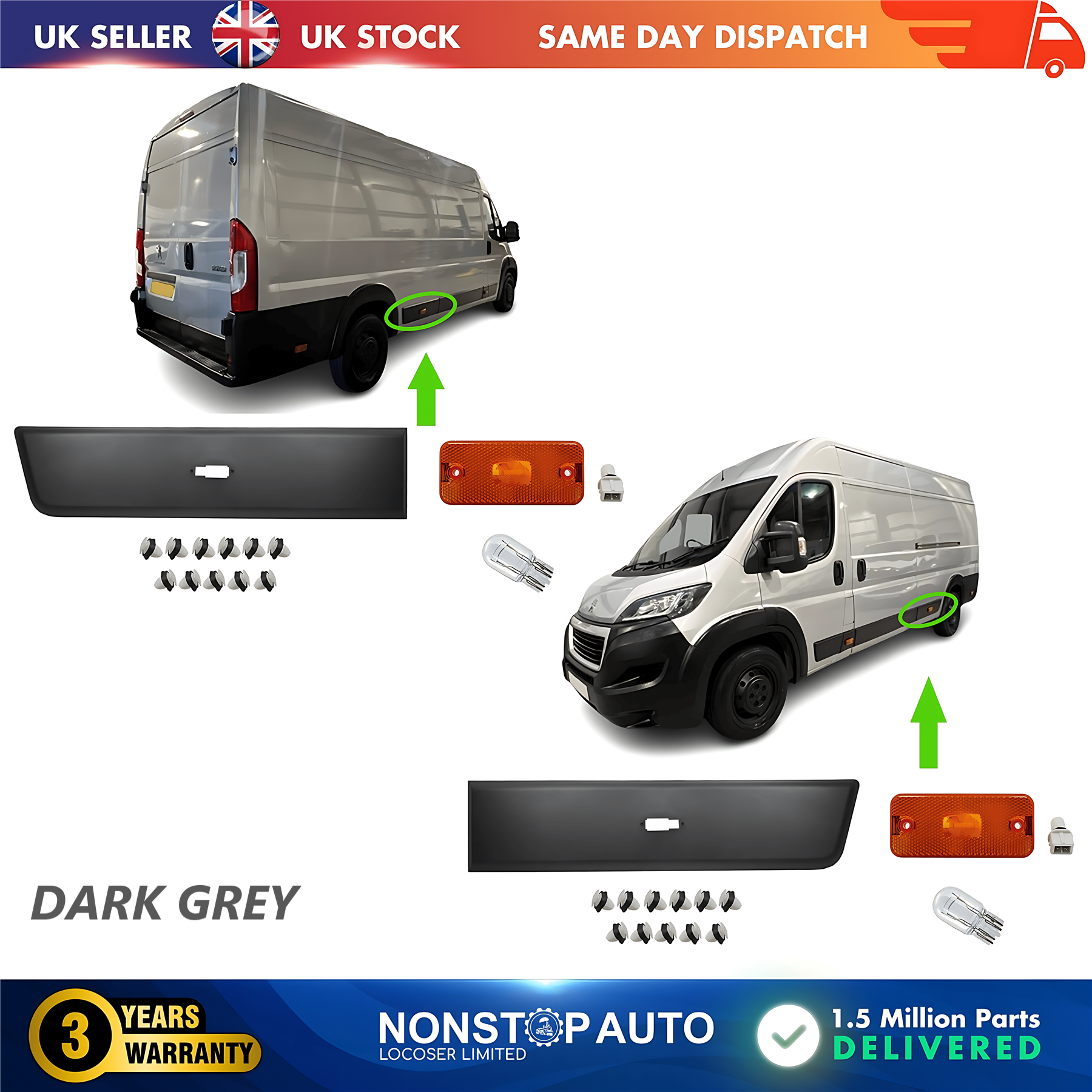 2X Moulding Trim Panel Indicator Bulb Rear Left and Right Dark Grey For CITROEN Relay PEUGEOT Boxer FIAT Ducato 2006 on