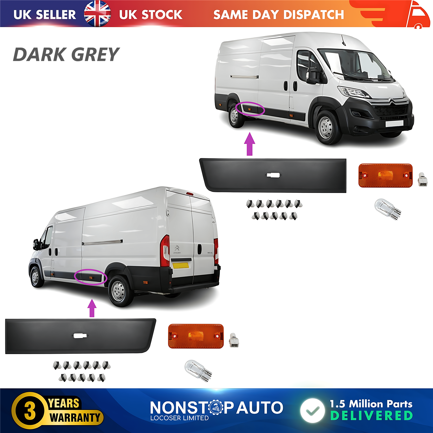 2X Moulding Trim Panel Indicator Bulb Rear Left and Right Dark Grey For CITROEN Relay PEUGEOT Boxer FIAT Ducato 2006 on