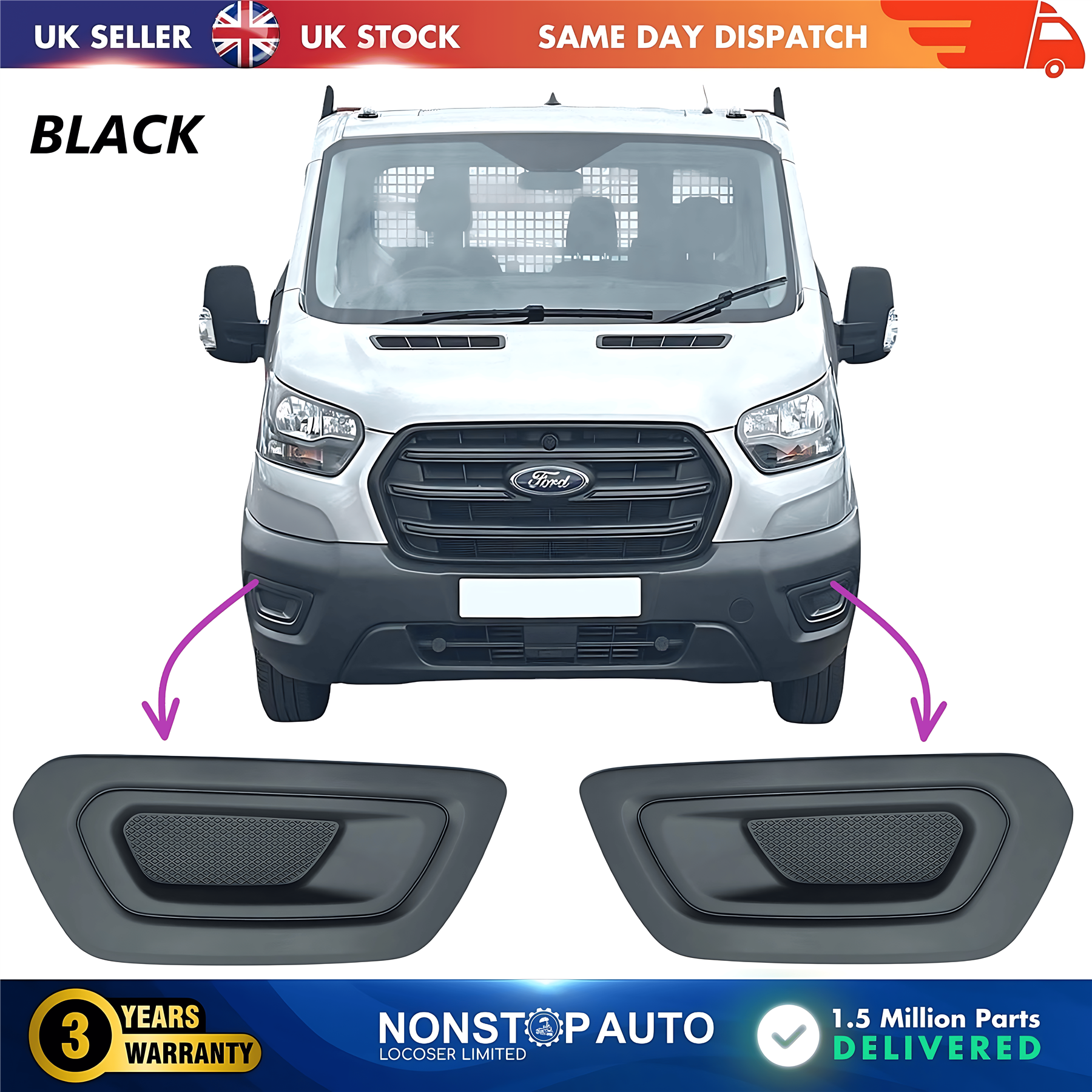 2X Fog Light Grille No Fog Hole Left and Right For FORD Transit V363 MK8 2019-2025