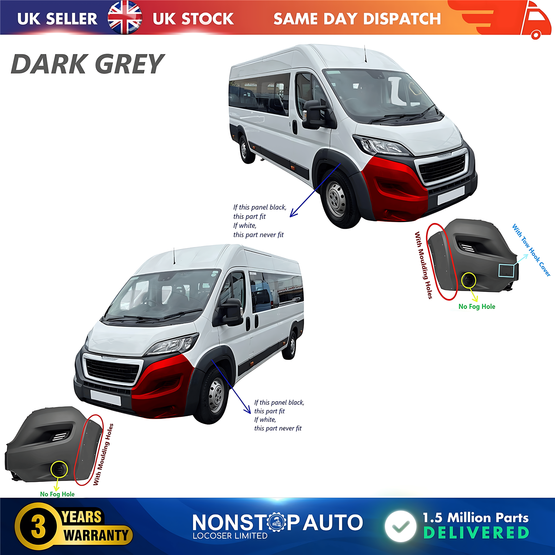 2X Front Bumper Corner Cap R+L No Fog Hole For PEUGEOT Boxer 2014 on