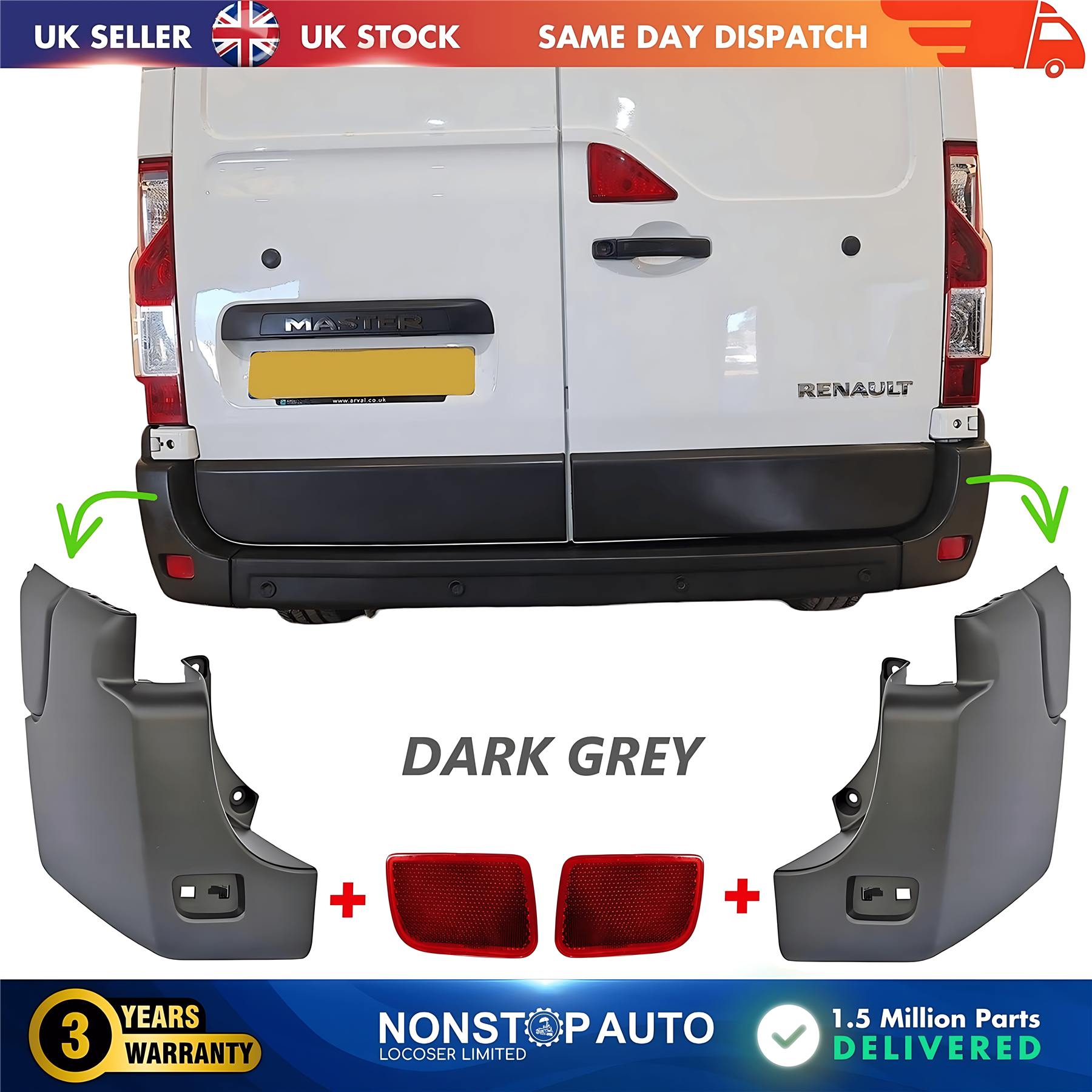 2X Rear Bumper Corner End and Reflector R+L For RENAULT Master III 2009 on 851210001R 851200001R