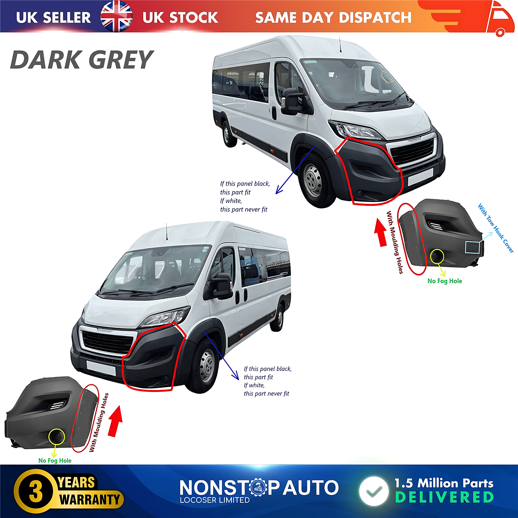 2X Front Bumper Corner Cap R+L No Fog Hole For PEUGEOT Boxer 2014 on