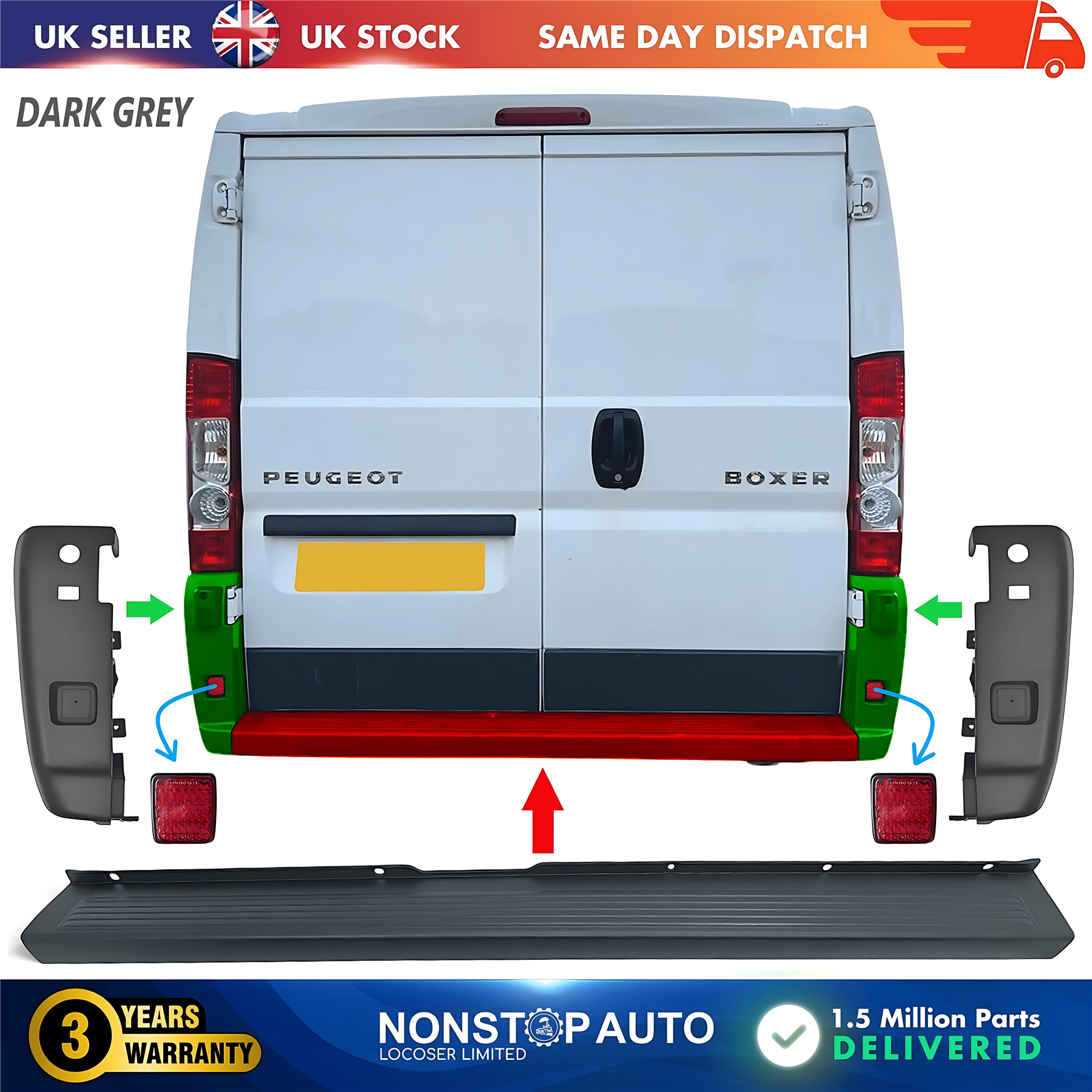 Rear Bumper Set Dark Grey with Reflector For CITROEN Relay PEUGEOT Boxer FIAT Ducato 2006 on