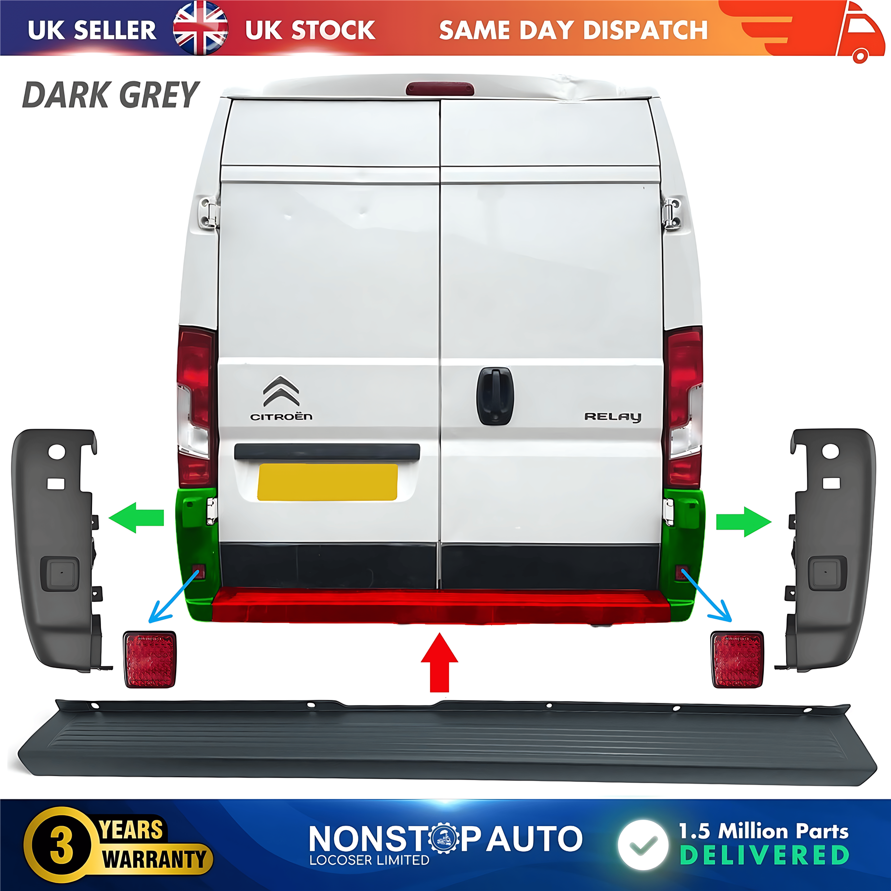 Rear Bumper Set Dark Grey with Reflector For CITROEN Relay PEUGEOT Boxer FIAT Ducato 2006 on