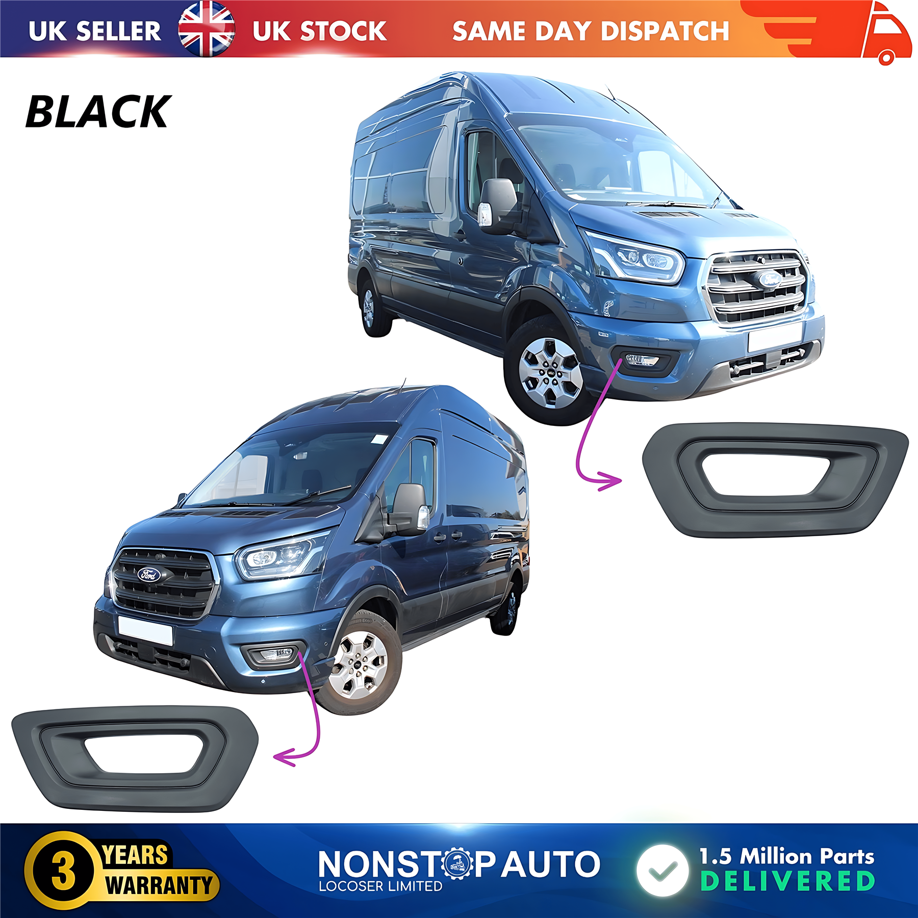 2X Fog Light Grille with Fog Hole Left and Right For FORD Transit V363 MK8 2019-2025