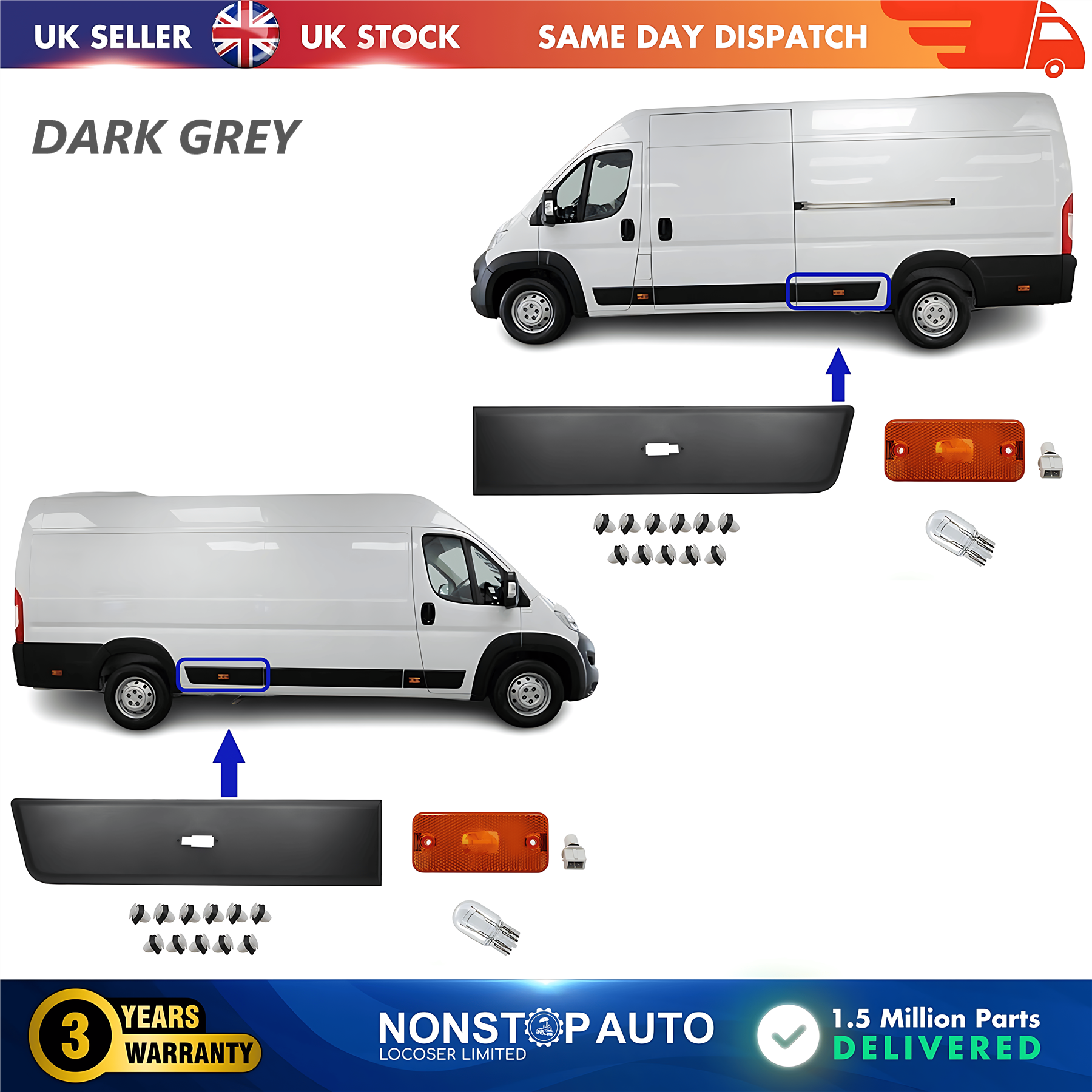 2X Moulding Trim Panel Indicator Bulb Rear Left and Right Dark Grey For CITROEN Relay PEUGEOT Boxer FIAT Ducato 2006 on