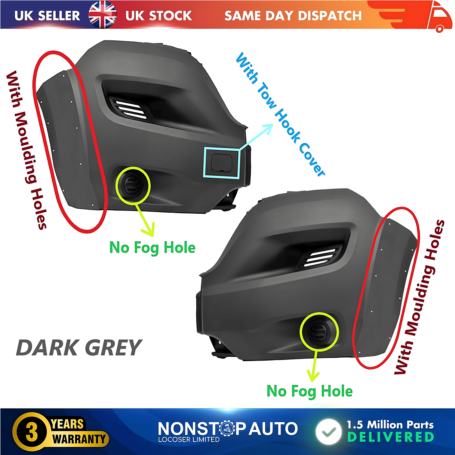 2X Front Bumper Corner Cap R+L No Fog Hole For PEUGEOT Boxer 2014 on