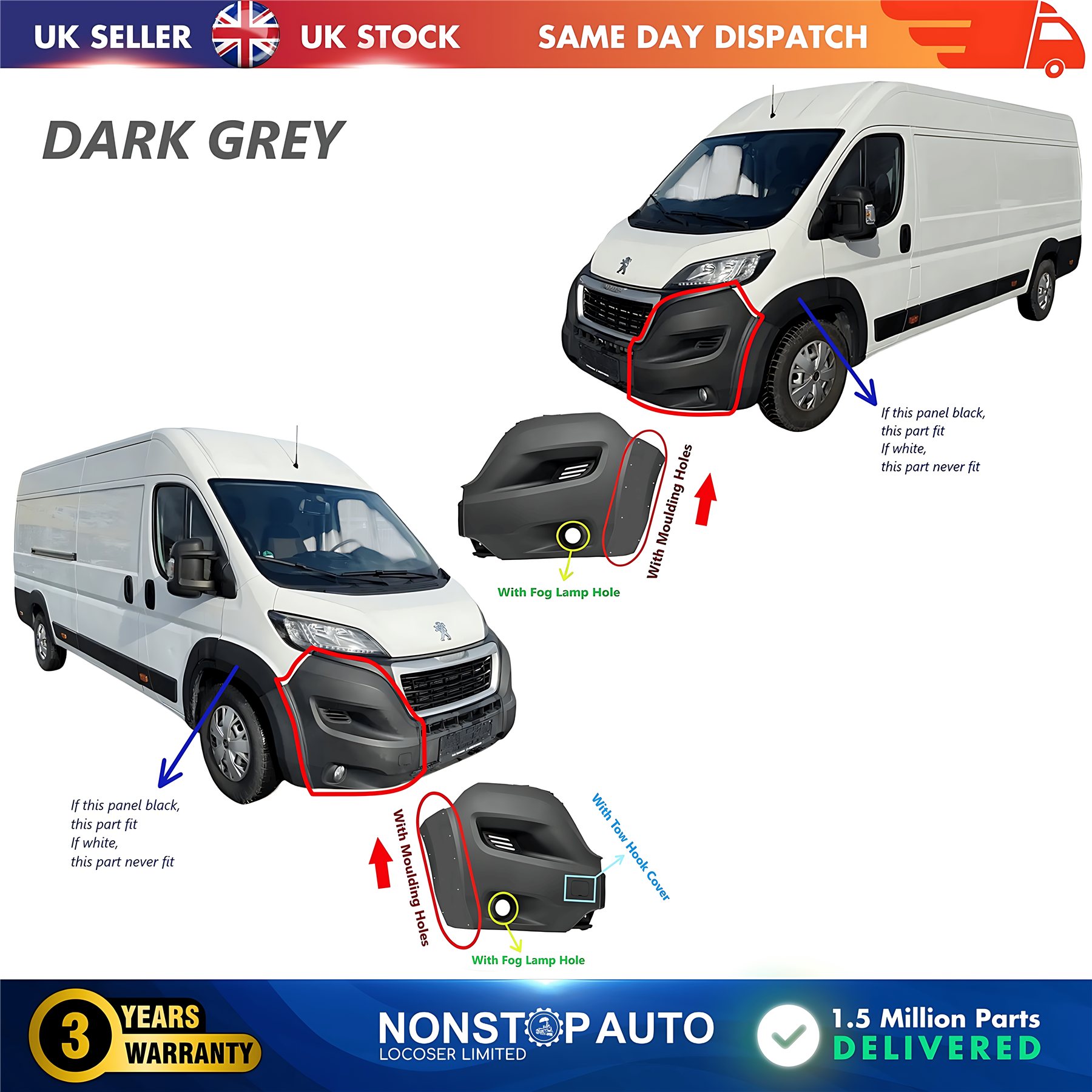 2X Front Bumper Corner Cap R+L With Fog Hole For PEUGEOT Boxer 2014 on